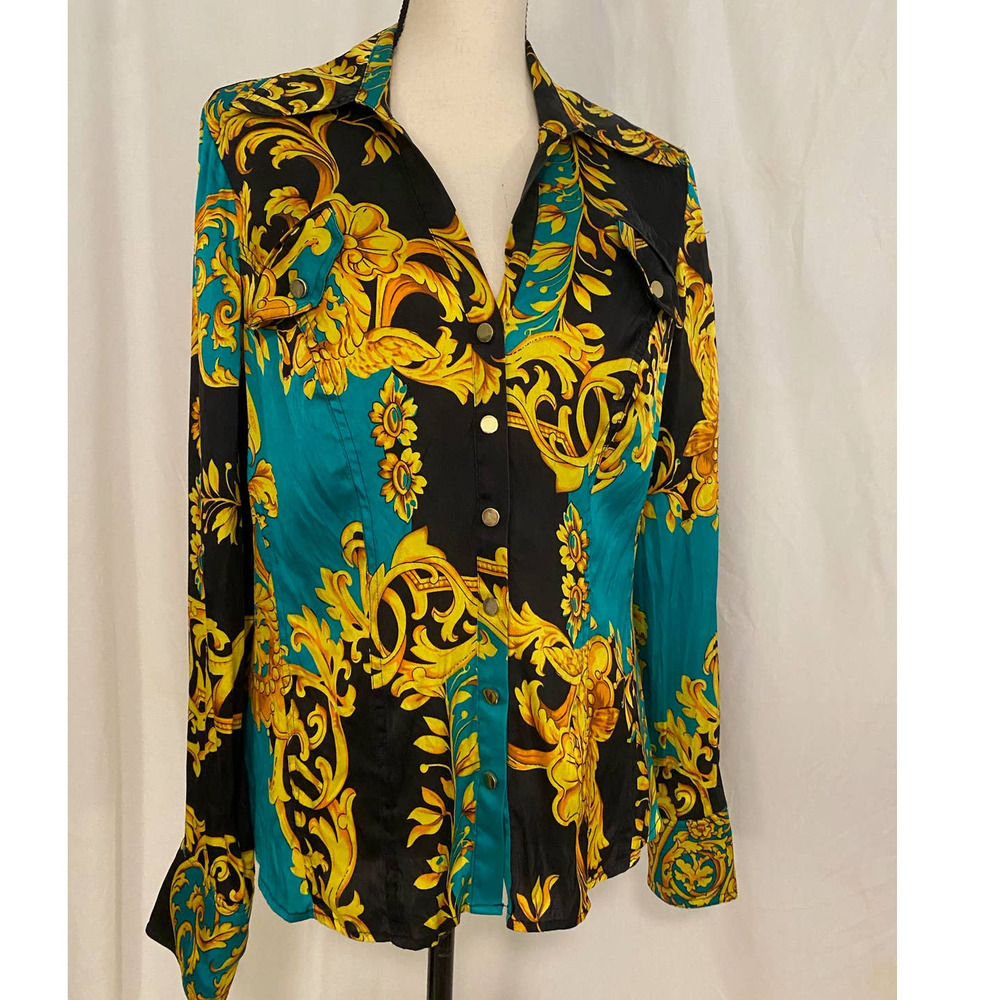 Cache Teal Black and Gold Baroque Print Blouse